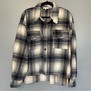 La Miel Navy Tan Plaid Flannel Shirt Jacket Shacket Oversized small